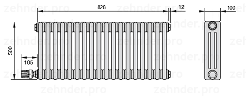 Схема (чертеж) Радиатор Zehnder Charleston 3050/18 №V003 Белый глянцевый RAL 9016